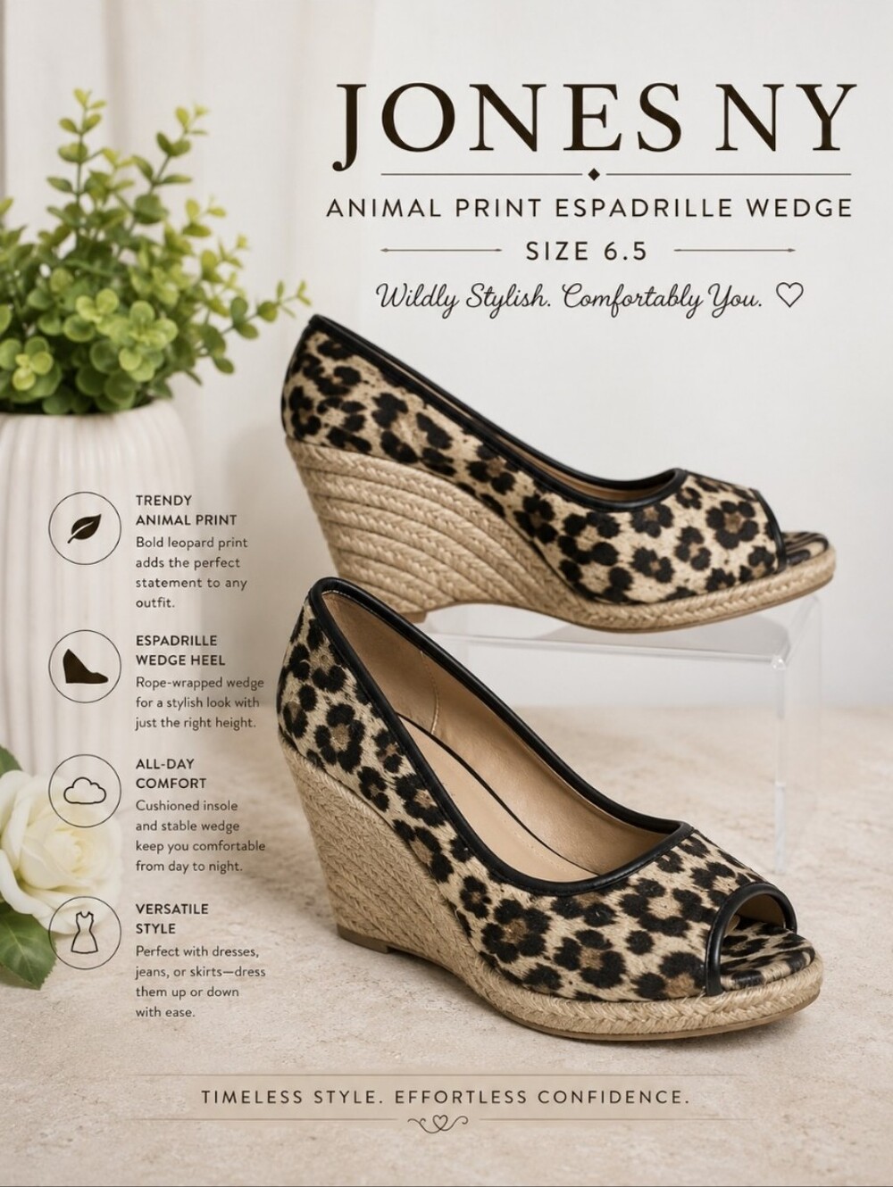 JONES NY  Animal Print Espadrille Wedge 6.5